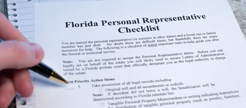 Sample of a legal form used by personal representatives that's titled Florida Personal Representative Checklist. The document has checkboxes and someone about to fill it out.