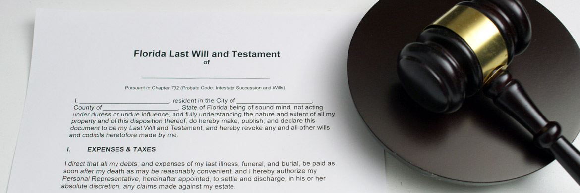 Florida Last Will and Testament next to a judges gavel symbolizing contested wills