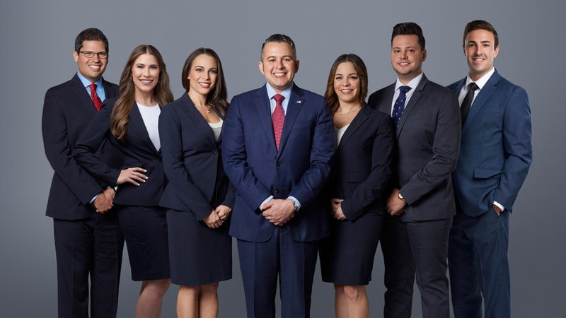 Professional group photo for the staff of Di Pietro Partners. The owner, David Di Pietro is in the middle in a navy blue suit and has several of his attorneys on standing on either side